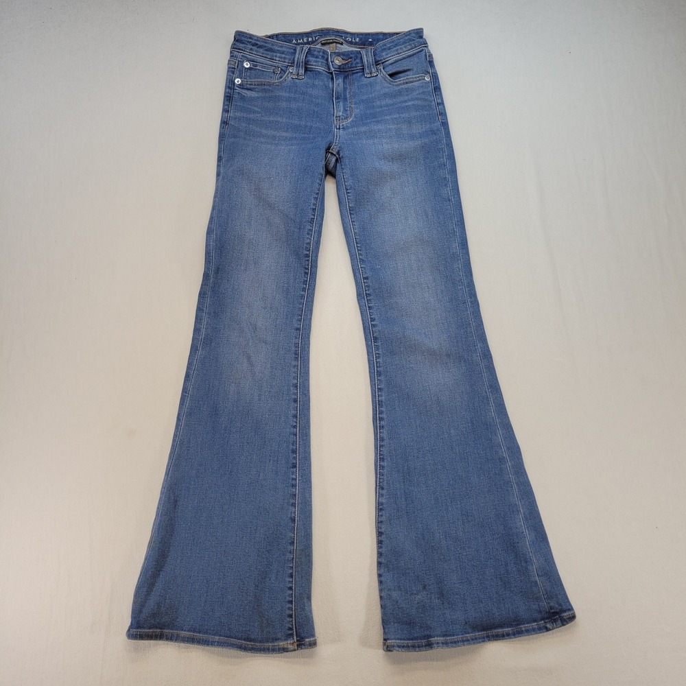American Eagle Flare Jeans Womens 0 Blue Low Rise Stretch Flap Pocket Denim